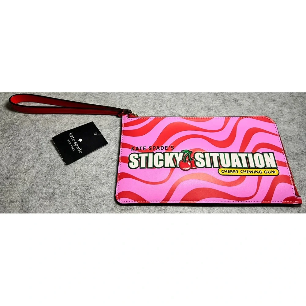 Kate Spade Sticky Situation Cherry Chewing Gum Pink Red Wavy Wristlet Pouch NEW